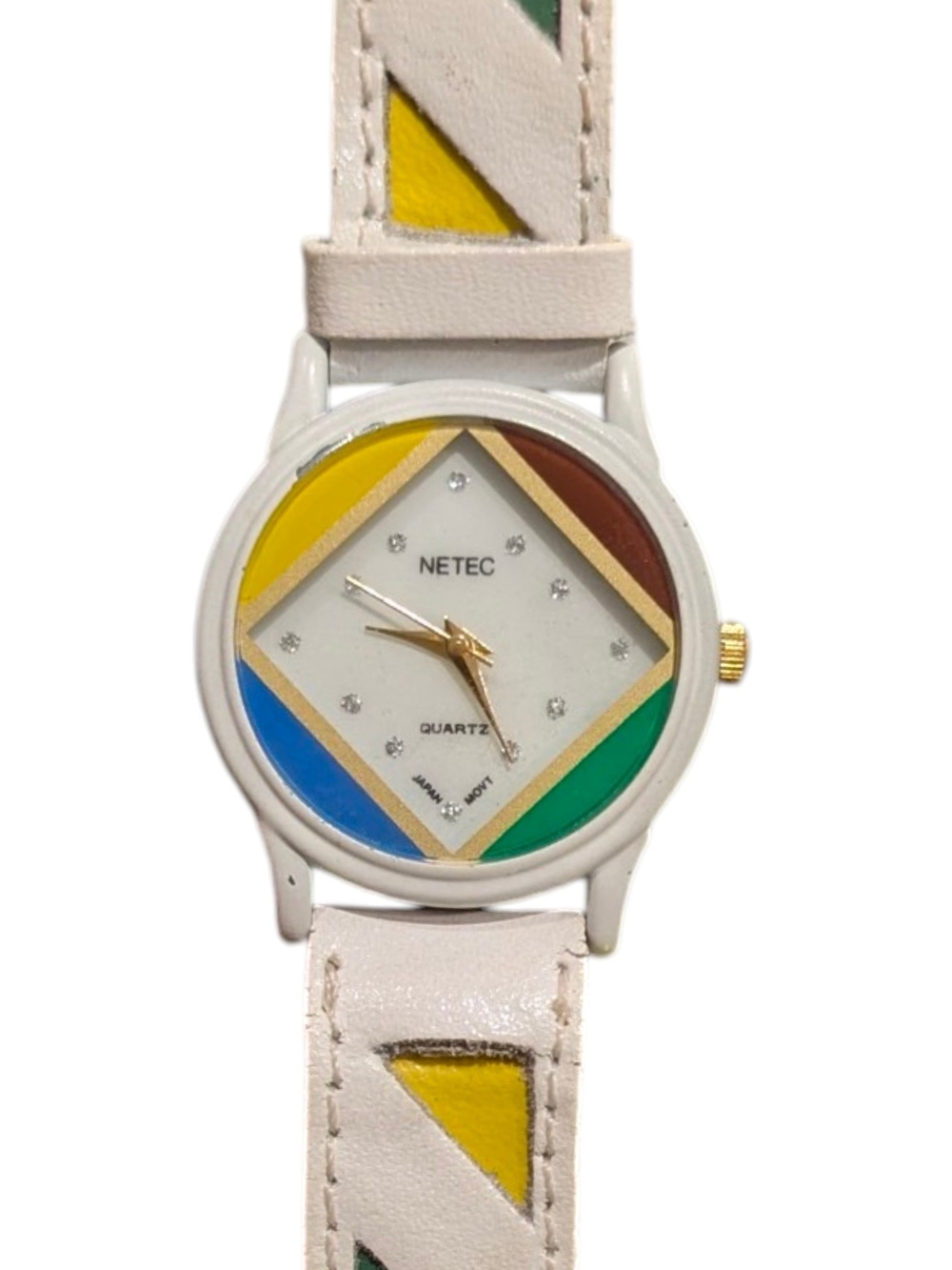 Vintage METEC Quartz Watch – White Leather Strap – Colorful 80s 90s Design